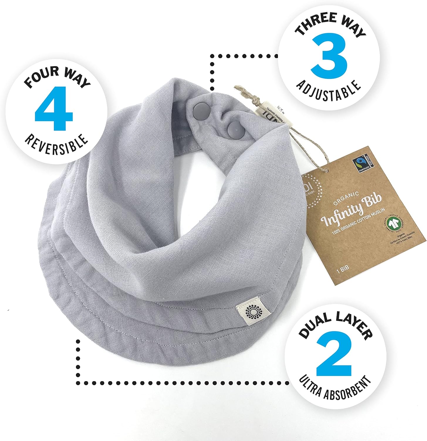 Kishu Baby Indi GOTS Organic Infinity Scarf Bib Set - 4-Way Reversible, 8 Layer Muslin Drool Bibs - Image 4